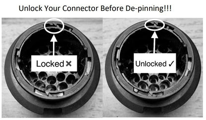 BMW circular 2.5 mm pin connector shown locked and unlocked before de-pinning