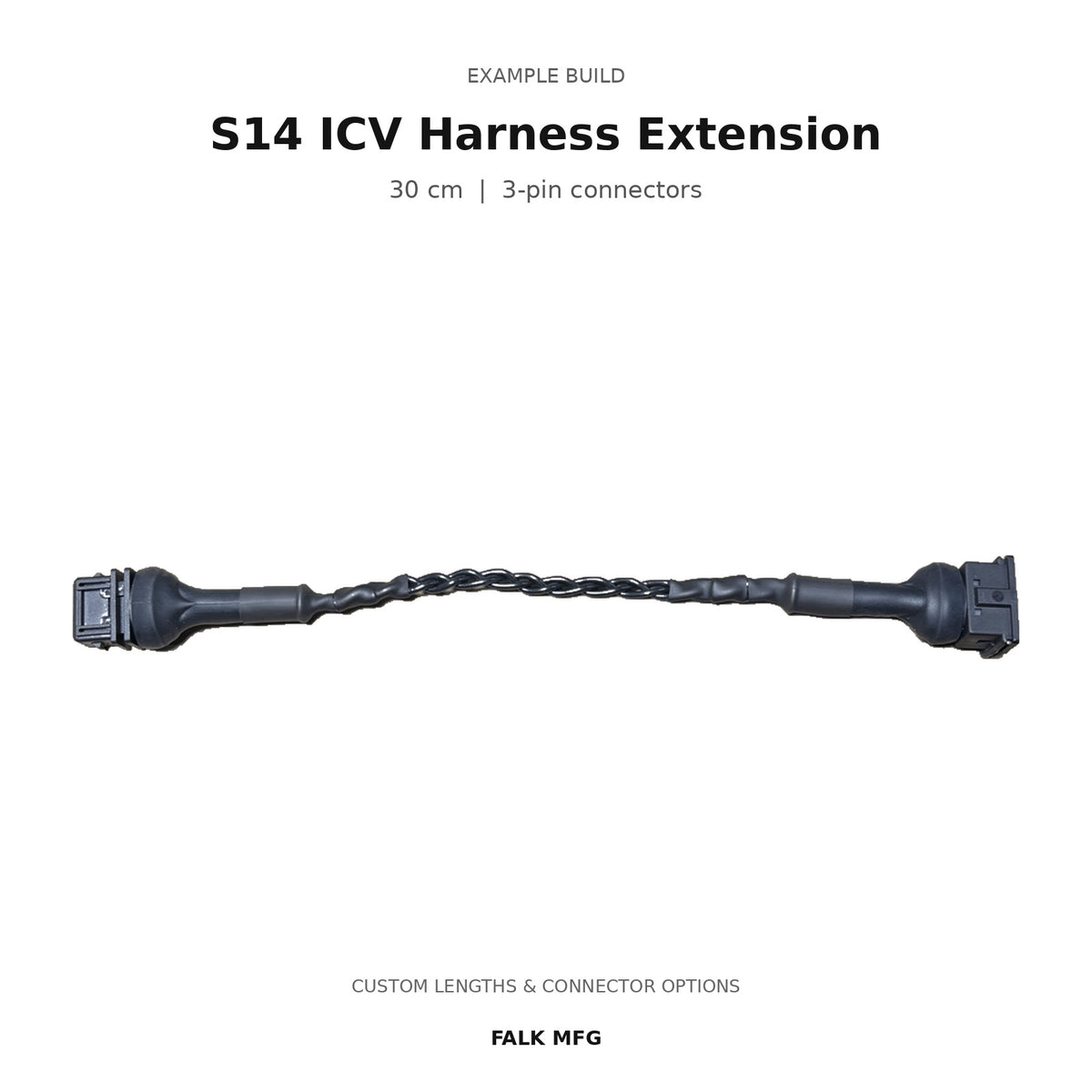 Example build: 30 cm BMW S14 ICV harness extension with male and female three-pin connectors, straight view on a white background