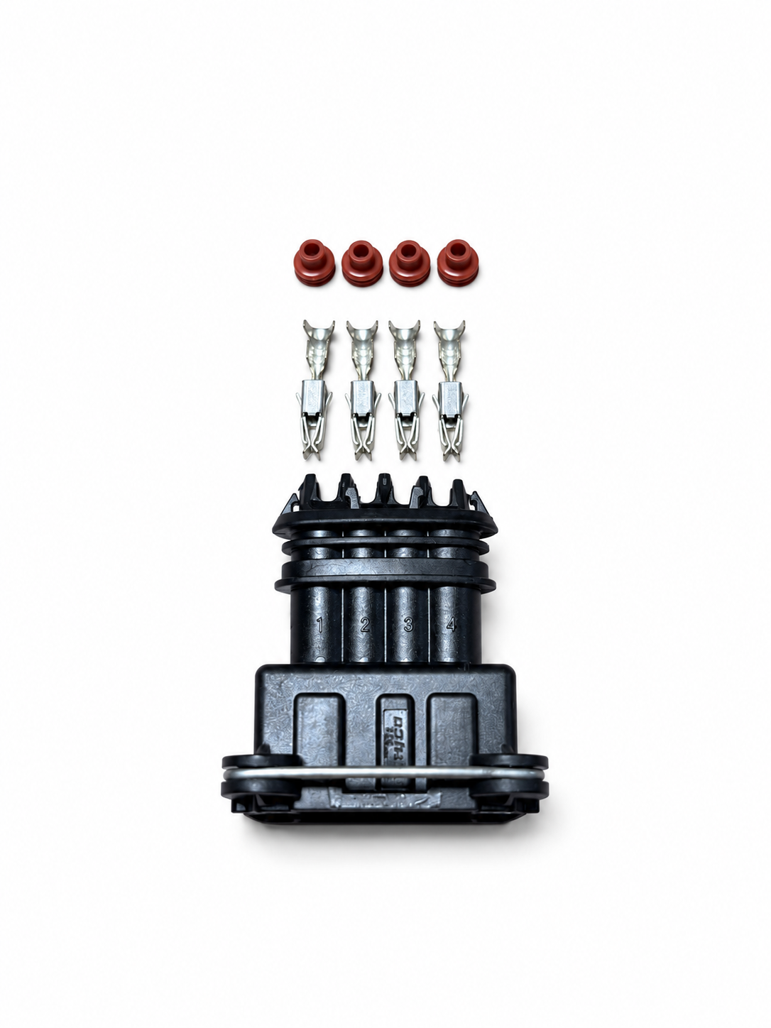 4-pin Bosch-style female connector kit with four terminals and four wire seals