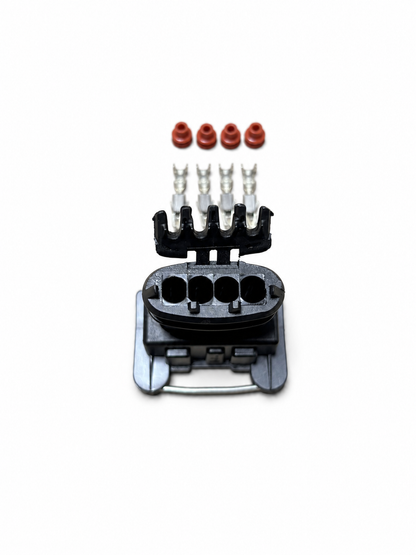 Rear wire entry of 4-pin Bosch-style female connector with terminals and wire seals