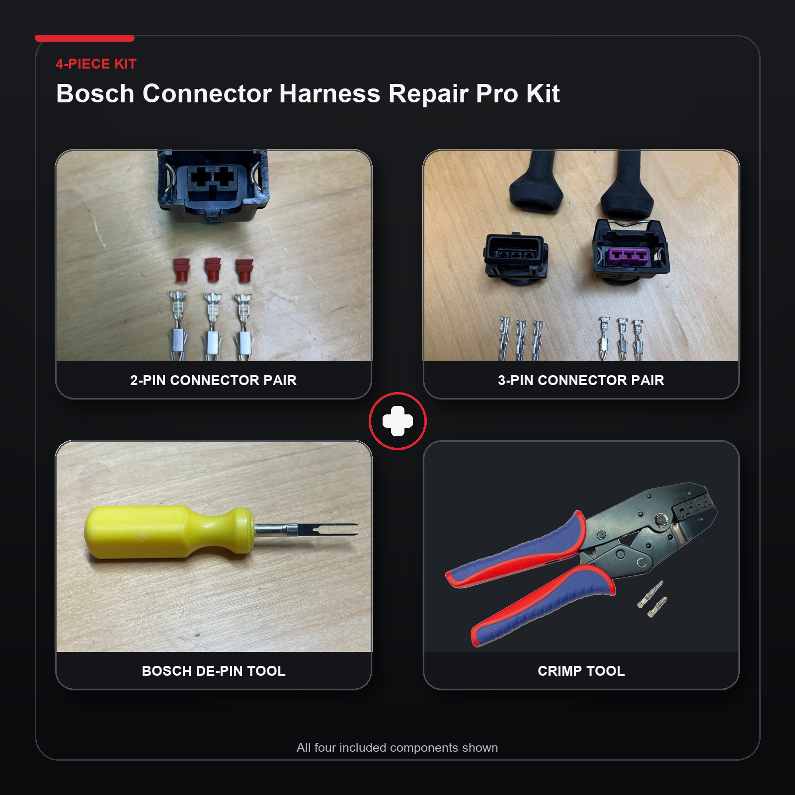 Bosch connector harness repair pro kit with 2-pin and 3-pin connectors, depin tool, and crimp tool