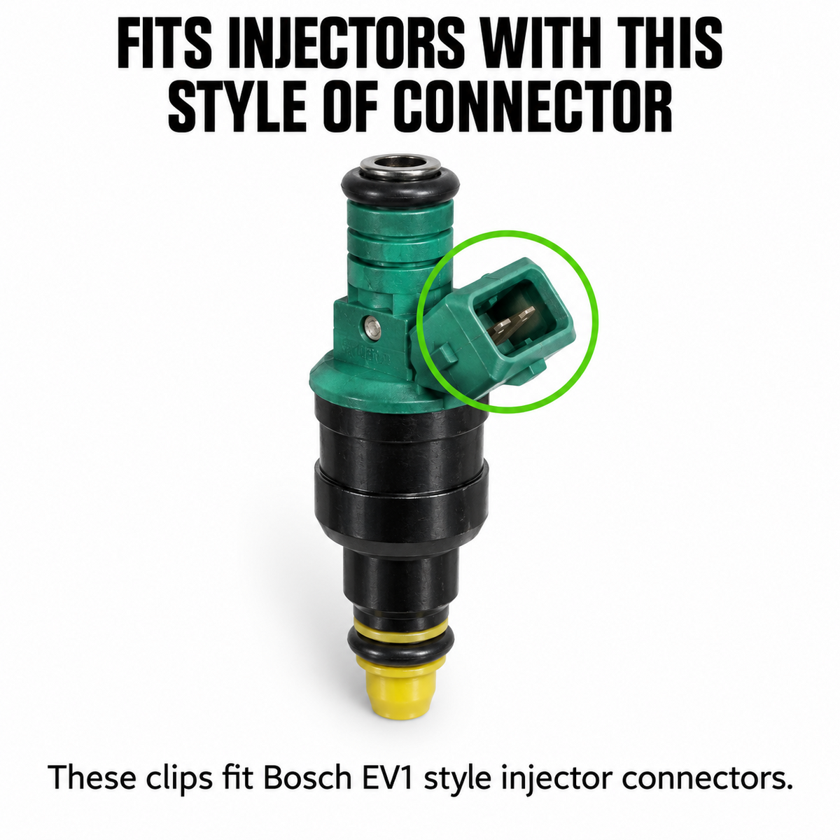 FITS: Bosch EV1 style fuel injector connector with recessed two-blade terminal.