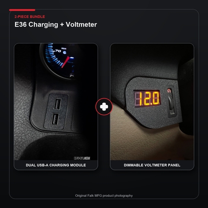 E36 charging and dimmable voltmeter bundle with dual USB charging module and orange illuminated 12.0 voltmeter