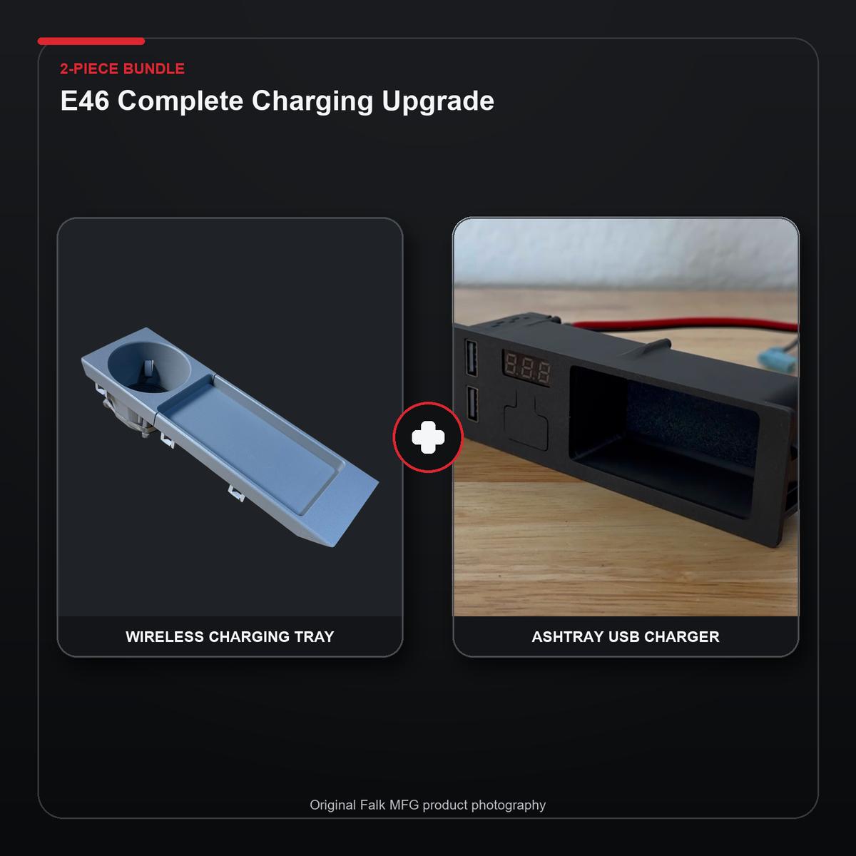 E46 complete charging upgrade bundle with wireless charging tray and ashtray quick-charge USB module