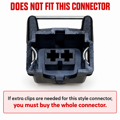 DOES NOT FIT: black injector connector style with wire retaining bar; replacement requires a whole connector.