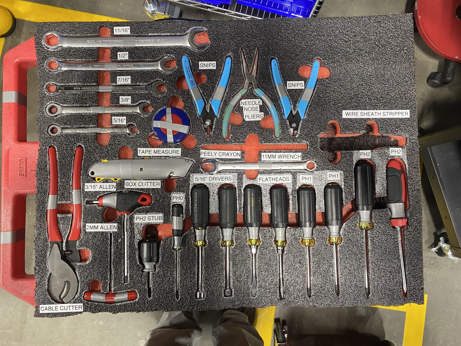 Portable foam tray with labeled cutouts for screwdrivers, pliers, cutters, and wrenches