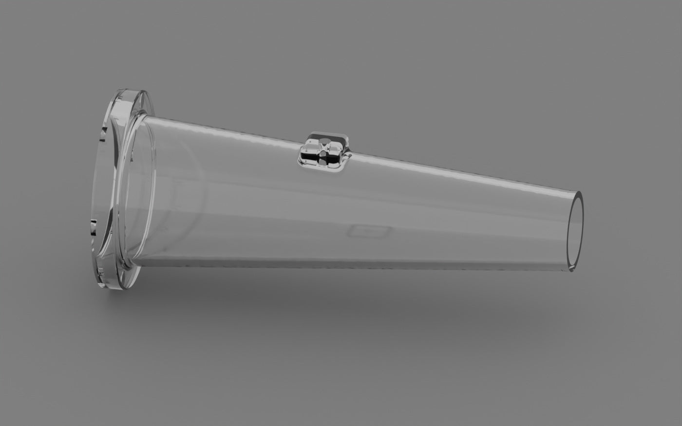 CAD-derived rendering of a laser welder nozzle with an illustrative translucent finish
